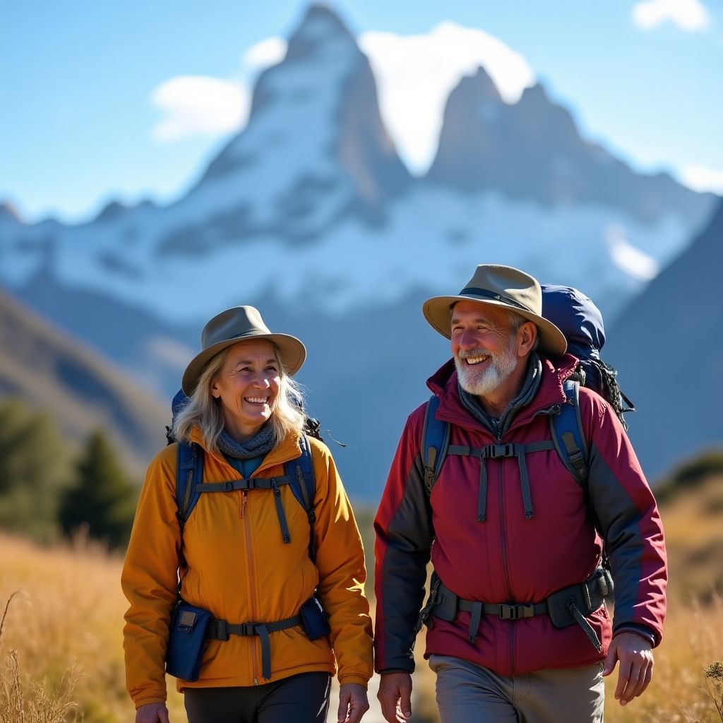 Pareja de profesionales jubilados disfrutando en la Patagonia.