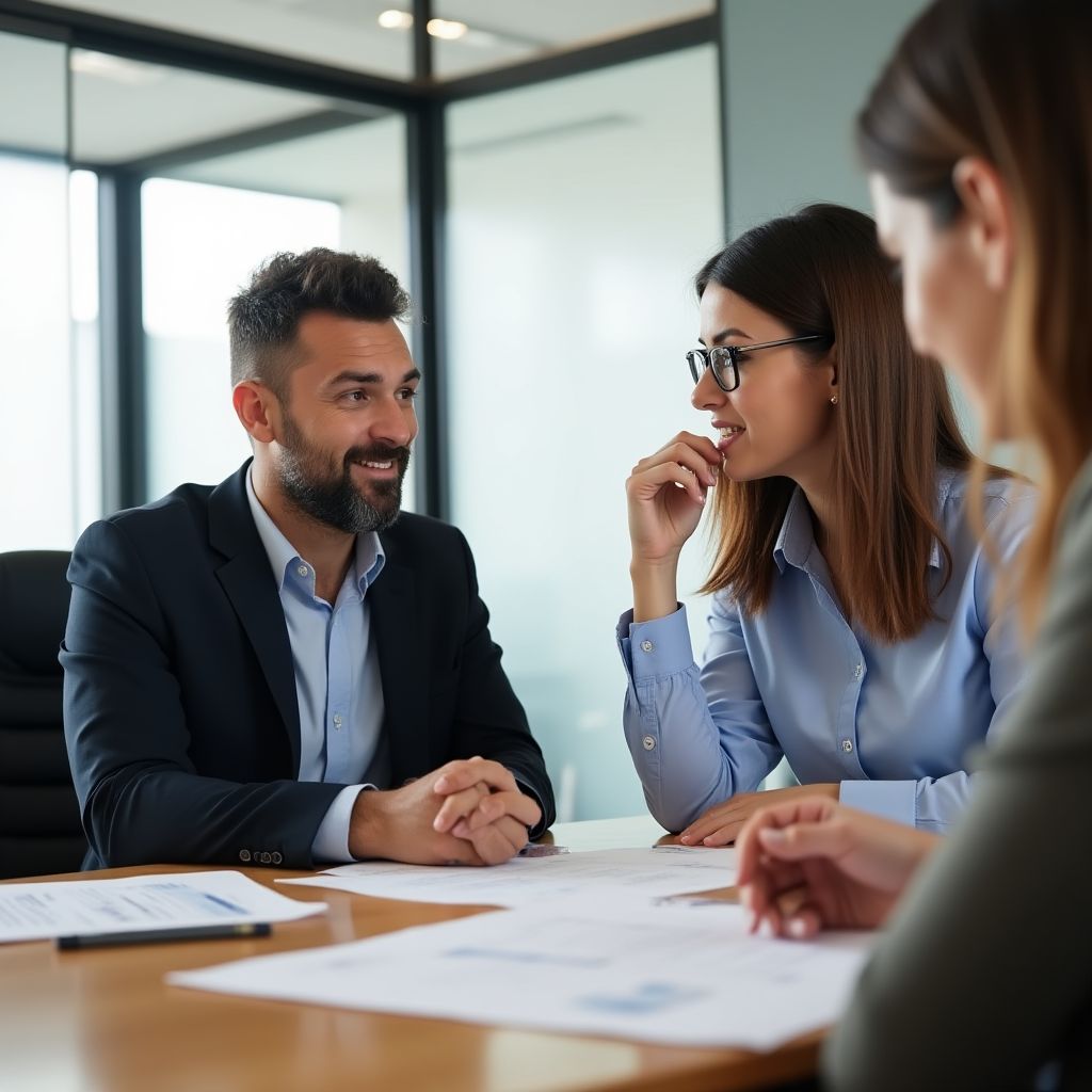 Consultor financiero discutiendo estrategias con un cliente en una oficina moderna.
